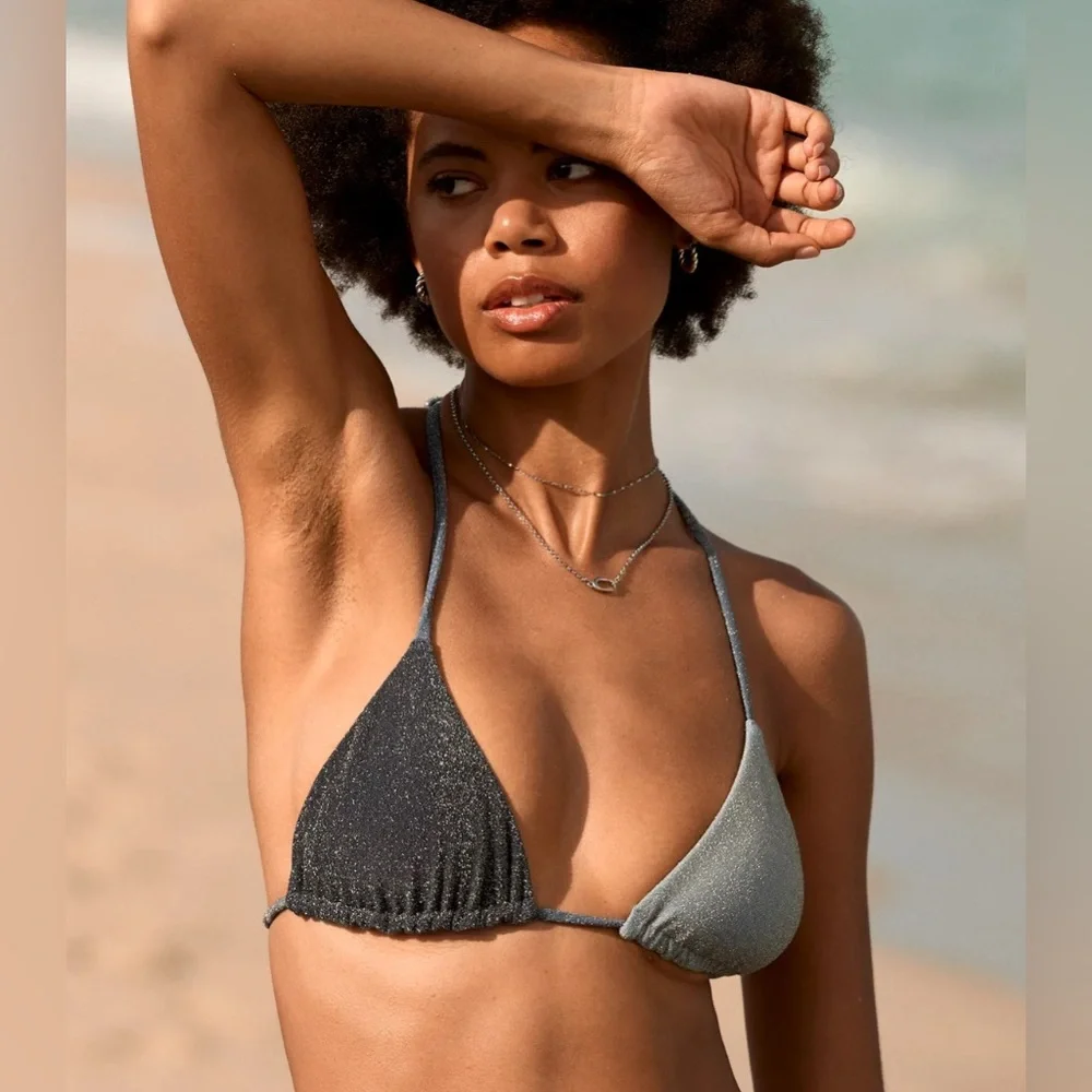 NWT Aerie Sparkle String Triangle Bikini Top in Blue Gold - Size XXL